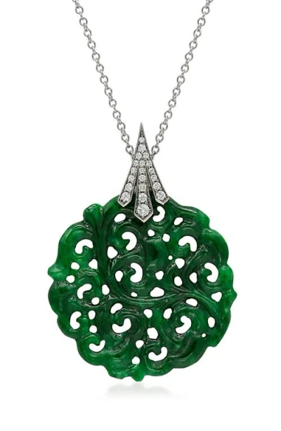 Fred Leighton Signed  Carved Green Jade & Pavé Diamond Pendant Necklace In White Gold