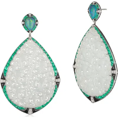 Fred Leighton Signed  Carved Jade, Emerald & Diamond Drop Earrings In White Gold
