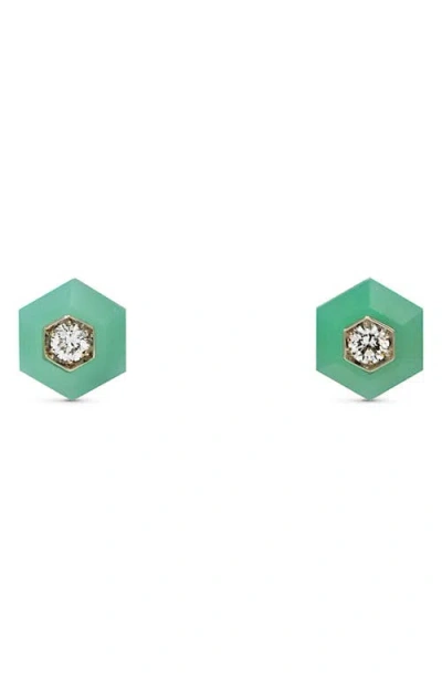 Fred Leighton Signed  Chrysoprase & Diamond Hexagon Stud Earrings In White Gold