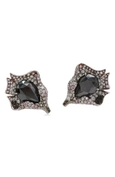 Fred Leighton Signed  Natural Black & Mixed Diamond Abstract Flower Stud Earrings In Platinum