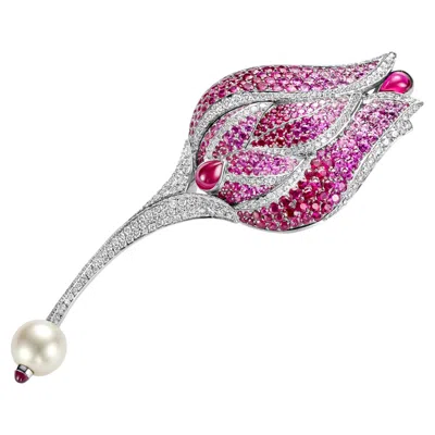 Pre-owned Fred Paris 18 Karat Gold  Tulip/rose Brooch, Pendant With Diamonds, Ruby & Pearl In Multi