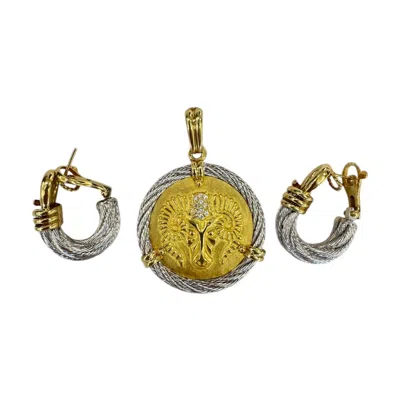 Pre-owned Fred Paris 18k Gold -force 10  Ram Head Pendant Set With Earrings In Multi