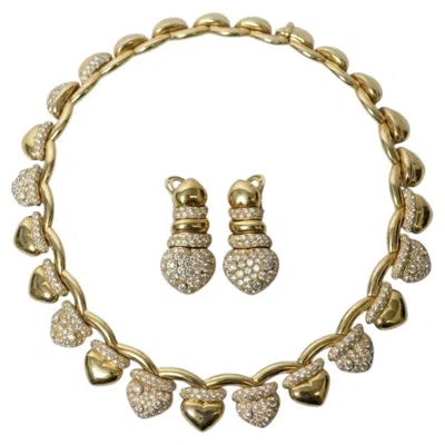 Pre-owned Fred Paris 18k Yellow Gold Diamond Heart Choker Necklace And Clip-on Earrings