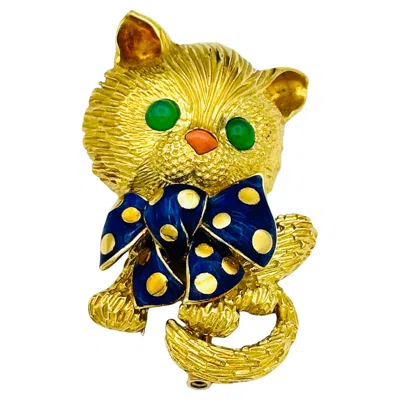 Pre-owned Fred Paris 18k Yellow Gold, Enamel, Coral & Cabochon Emerald Cat Brooch Clip