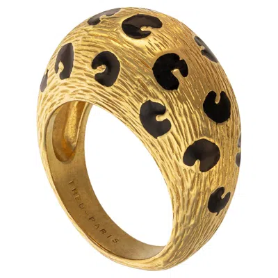 Pre-owned Fred Paris 18kt Yellow Gold Leopard Dome Ring With Black Enamel, 1990