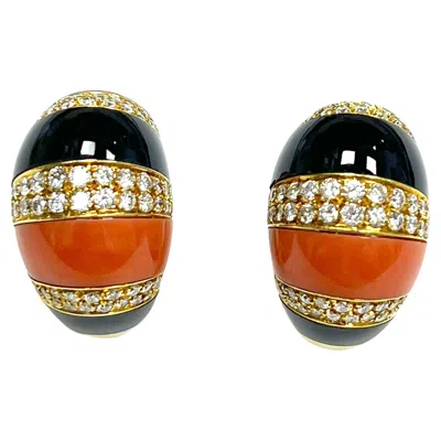 Pre-owned Fred Paris Coral Black Onyx Diamond Gold Earrings In Red