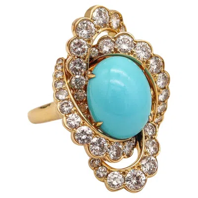 Pre-owned Fred Paris Gem Set Cocktail Ring 18kt Yellow Gold 12.34 Ctw Diamonds & Turquoise