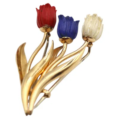 Pre-owned Fred Paris Lapis White Red Tulips 18k Yellow Gold Brooches French Flag, 1970