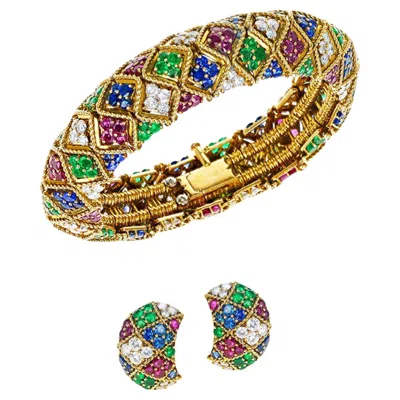Pre-owned Fred Paris Ruby, Emerald, Sapphire And Diamond Bangle And Earring Set, 18k In Blue