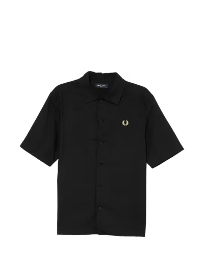 Fred Perry Embroidered-logo Camp-collar Shirt In Black
