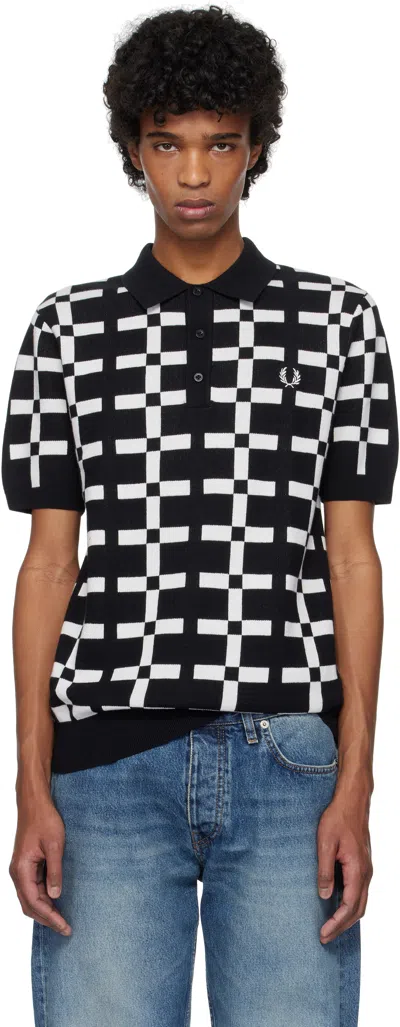 Fred Perry Black & White Geometric Jacquard Knit Polo In 102