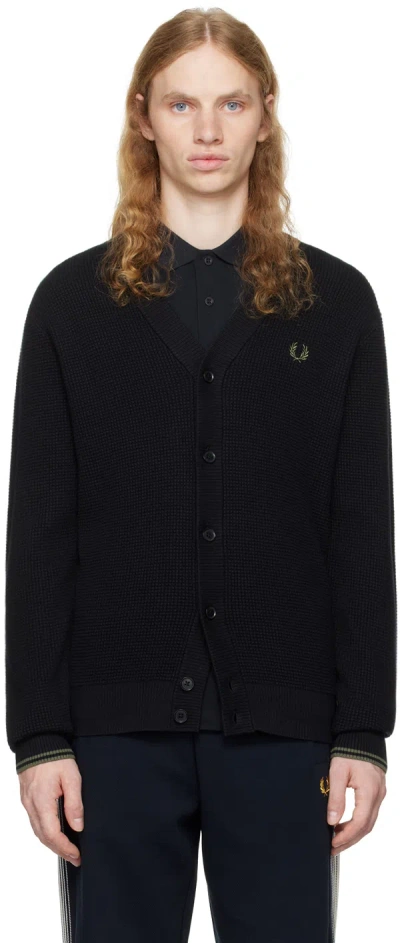 Fred Perry Black Waffle Stitch Cardigan In 102