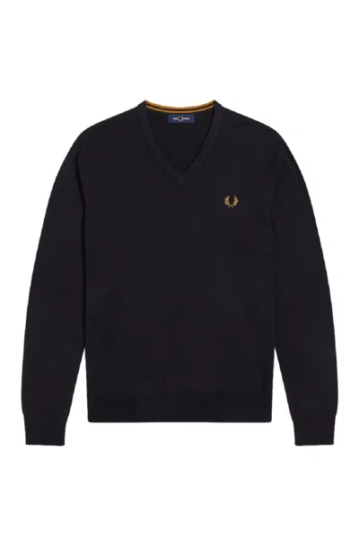 FRED PERRY FRED PERRY BLUE WOOL/COTTON BLEND V-NECK PULLOVER