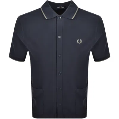 Fred Perry Button Through Polo Shirt Navy In Blue