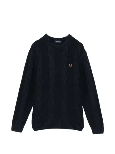 Fred Perry Cable Knit Crew Neck Sweater In Blue