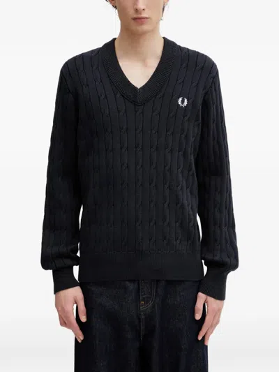 Fred Perry Cable-knit V-neck Sweater In Black