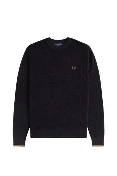 Fred Perry Classic Fit Embossed Cotton Crew Neck Sweater In Black