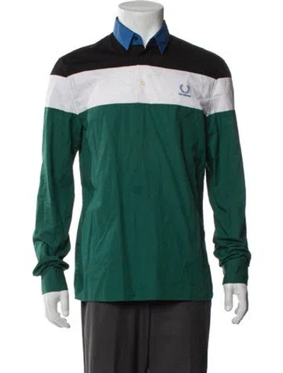 Pre-owned Fred Perry Colorblock Pattern V-neck Polo Shirt In Green