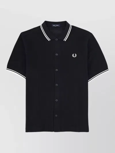 Fred Perry Contrast Collar Shirt Ribbed Cuffs Short Sleeves In Black