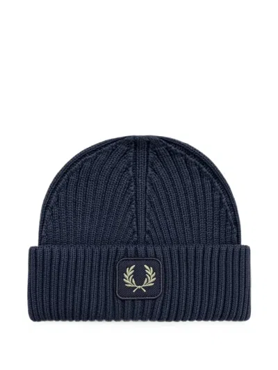 Fred Perry Cotton Beanie Hat In Blue