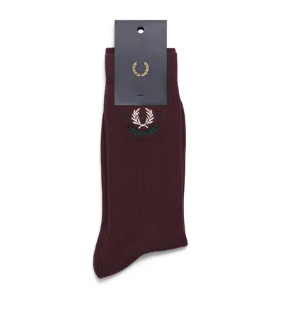 Fred Perry Cotton-blend Embroidered Socks In Burgundy