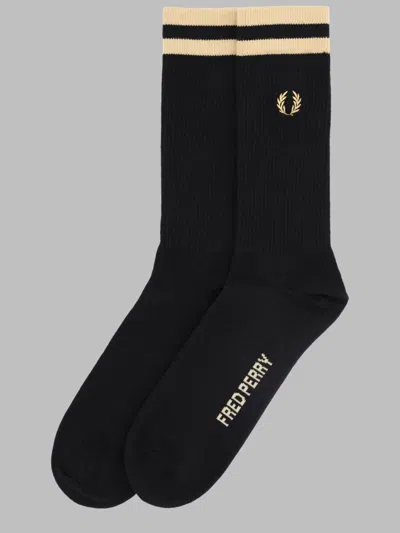 Fred Perry Cotton Blend Ribbed Crew Socks In Black