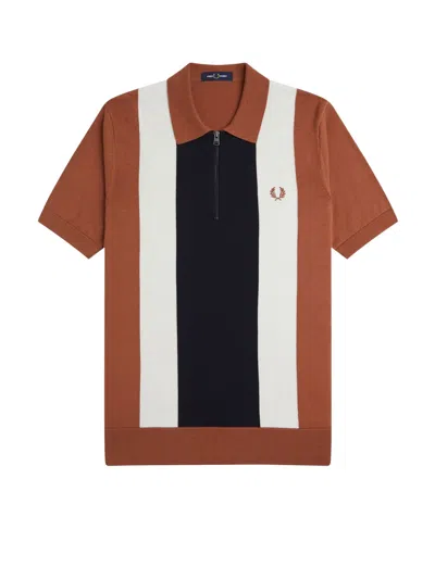 Fred Perry Cotton Knit Polo Shirt With Striped Motif In Blue