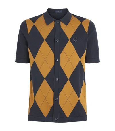 Fred Perry Argyle-pattern Button-up Sweater In Blue