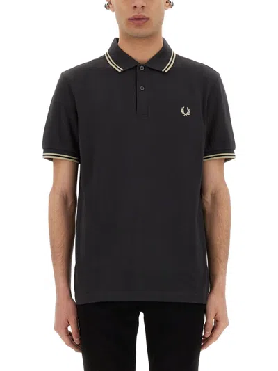 Fred Perry Cotton Pique Polo Shirt With Double Stripe In Grey