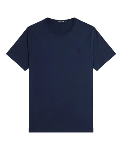 Fred Perry Cotton T-shirt With Logo Embroidery In Blue