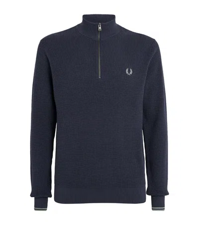Fred Perry Cotton Waffle Stitch Quarter-zip Sweater In Blue