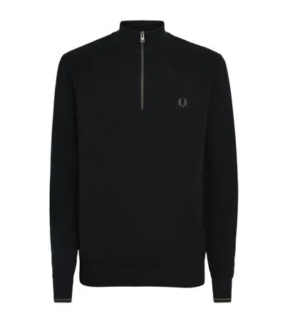 Fred Perry Cotton Waffle-knit Quarter-zip Sweatshirt In Black