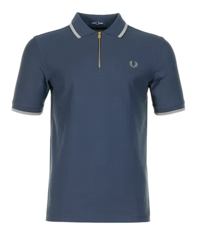Fred Perry Crepe Pique Zip Neck Polo Shirt Dark Airforce In Blue