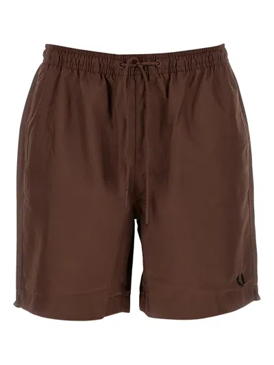 Fred Perry Drawstring Logo Swim Shorts In Brown