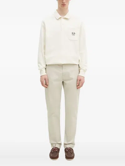Fred Perry Embroidered-pocket Long-sleeve Polo Shirt In White