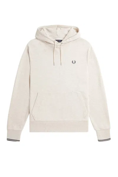 Fred Perry French Terry Cotton Hoodie With Iconic Laurel Wreath Embroidery In Neutrals