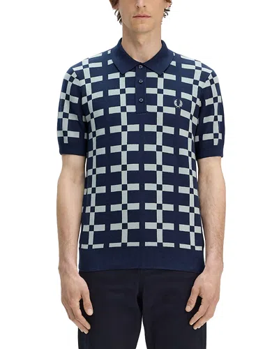 Fred Perry Geometric Regular Fit Jacquard Knit Polo Shirt In Blue