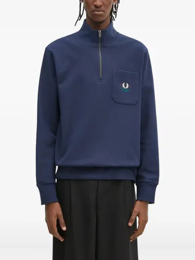 Fred Perry Half-zip Embroidered-logo Pocket Sweatshirt In Blue