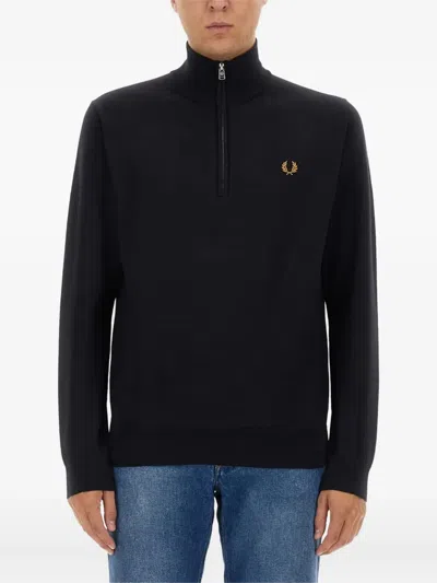 Fred Perry Half-zip Logo-detail Sweater In Brown