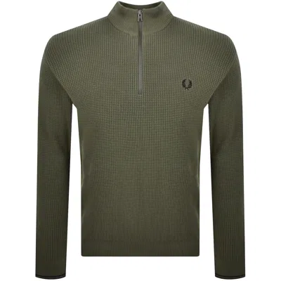 Fred Perry Half Zip Waffle Knit Jumper Green