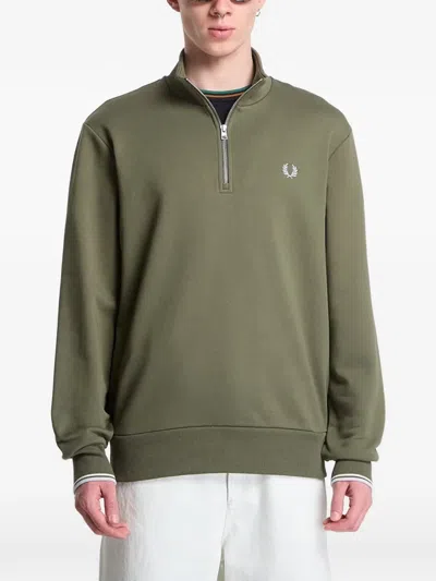 Fred Perry Half-zip Embroidered-logo Sweatshirt In Green