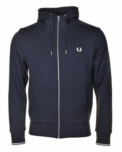 Fred Perry Hooded Zip Through Sweatshirt Navy In Blue