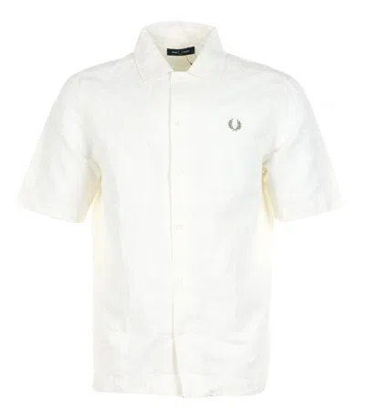 Fred Perry Jacquard Linen Blend Short Sleeve Shirt Light Ecru In White