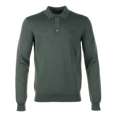 Fred Perry Knitted Long Sleeve Polo Shirt Court Green In Gray