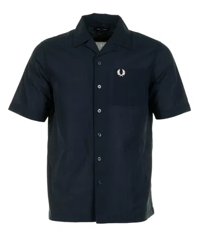 Fred Perry Lightweight Texture Revere Collar Short Sleeve Shirt Navy In Black