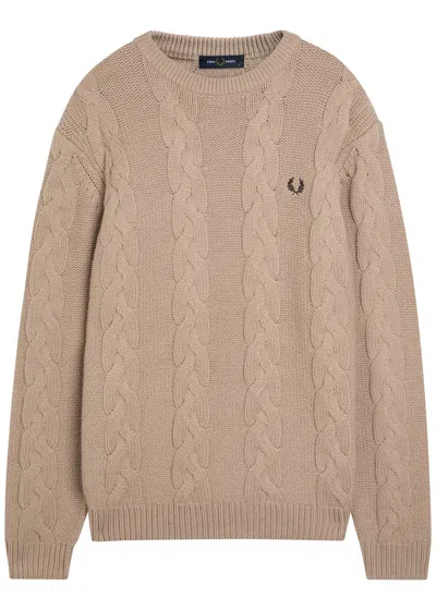 Fred Perry Logo Cable-knit Wool-blend Jumper In Brown