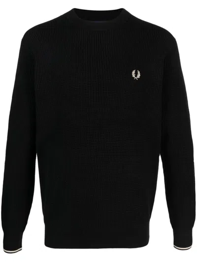 Fred Perry Logo Cotton Crewneck Jumper In Black