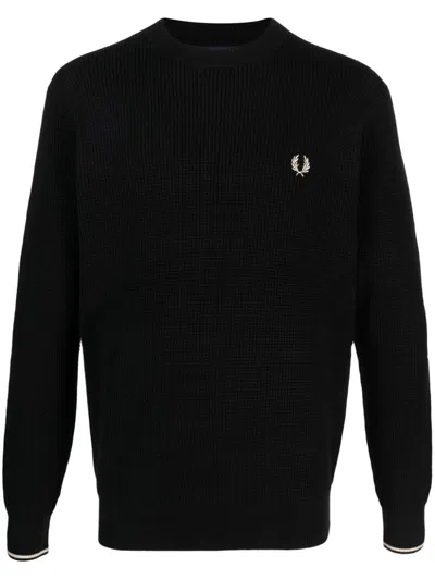Fred Perry Logo Cotton Crewneck Jumper In Black