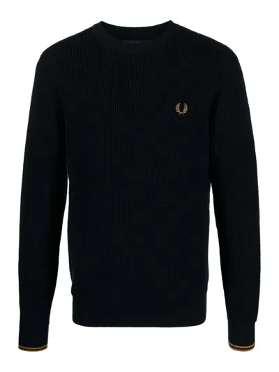 Fred Perry Logo Cotton Crewneck Jumper In Blue