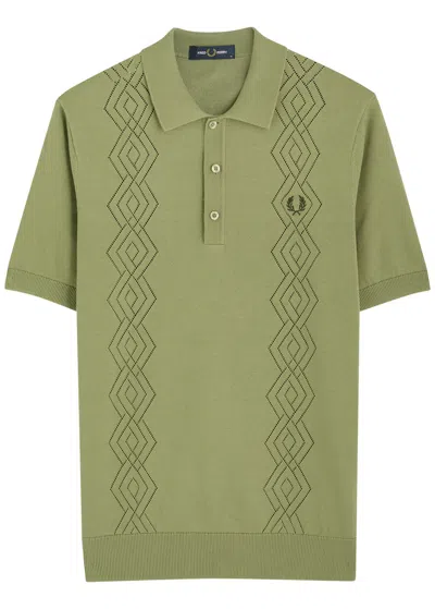 Fred Perry Logo-embroidered Patterned Cotton-knit Polo Shirt In Green